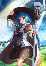 Rule 34 | 1girl, absurdres, blue eyes, blue hair, braid, brown cape, brown hat, brown ribbon, brown skirt, cape, closed mouth, cloud, cloudy sky, commentary request, grass, hair between eyes, hair ribbon, hat, highres, holding, holding staff, kandyy pop, long hair, mushoku tensei, outdoors, rain, ribbon, roxy migurdia, skirt, sky, smile, solo, staff, twin braids, witch hat