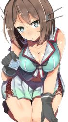 Rule 34 | 10s, 1girl, aqua skirt, bad id, bad twitter id, black gloves, blue eyes, blush, breasts, brown hair, choker, cleavage, collarbone, condom, cowboy shot, crop top, from above, gloves, hair ornament, hairclip, hand on own knee, headgear, heart, heart-shaped pupils, kantai collection, kneeling, looking at viewer, maya (kancolle), maya kai ni (kancolle), medium breasts, midriff, open mouth, osuman toruko, pleated skirt, school uniform, short hair, simple background, skirt, solo, symbol-shaped pupils, white background, x hair ornament