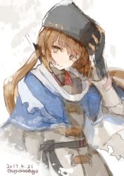 Rule 34 | 1girl, black gloves, black hat, blue shawl, brown eyes, brown hair, closed mouth, dated, fingerless gloves, fur hat, gloves, hair ornament, hairclip, hat, highres, kantai collection, long hair, low twintails, nagasawa tougo, papakha, scarf, shawl, simple background, solo, star (symbol), tashkent (kancolle), twintails, twitter username, upper body, white scarf
