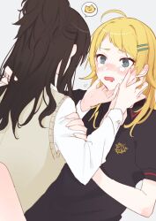 Rule 34 | 2girls, ahoge, black hair, blonde hair, blush, cat, drooling, ear blush, eye contact, facing another, full-face blush, hachimiya meguru, hands on another&#039;s face, highres, holding another&#039;s arm, idolmaster, idolmaster shiny colors, kazano hiori, looking at another, mouth drool, multiple girls, nasu bacon, ponytail, school uniform, sidelocks, speech bubble, teardrop, tears, yuri
