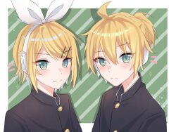 Rule 34 | 1boy, 1girl, ahoge, black jacket, blonde hair, blue eyes, blush, border, brother and sister, closed mouth, commentary, gakuran, green background, hair between eyes, hair ornament, hair ribbon, hairclip, highres, jacket, kagamine len, kagamine rin, light particles, looking at viewer, outside border, ribbon, school uniform, short hair, siblings, smile, sparkle, tsukuno tsuki, twitter username, upper body, vocaloid, white border, white ribbon