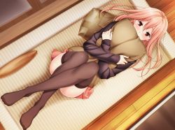 1girl aida_takanobu aihara_ringo animated animated_gif covering_own_mouth crossed_arms crossed_legs female_focus hugging_object kani_biimu pillow pillow_hug pink_hair red_eyes solo sono_hanabira_ni_kuchizuke_wo thighhighs