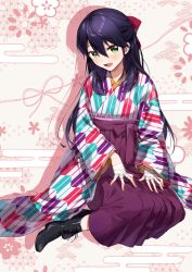 Rule 34 | 1girl, :d, bandaged hand, bandages, black footwear, blush, boots, bow, cross-laced footwear, drop shadow, egasumi, fingernails, full body, genderswap, genderswap (mtf), green eyes, hair between eyes, hair bow, hakama, hakama skirt, japanese clothes, kenmochi touya, kimono, lace-up boots, long hair, long sleeves, looking at viewer, nijisanji, open mouth, print kimono, purple hair, purple hakama, red bow, skirt, sleeves past wrists, smile, solo, very long hair, virtual youtuber, wide sleeves, yagasuri, yamabukiiro