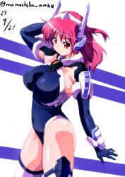 Rule 34 | 1girl, bodysuit, breasts, brown eyes, crueltear, dated, elbow gloves, gloves, large breasts, medium hair, nafta, purple hair, signature, simple background, solo, thighs, trigger heart exelica, white background