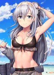 Rule 34 | 1boy, 1girl, admiral (kancolle), arm behind head, armpits, bad id, bad twitter id, bare shoulders, beach, bikini, black bikini, blue sky, blurry, blurry background, blush, breasts, character name, cleavage, closed mouth, clothes writing, cloud, collarbone, day, front-tie bikini top, front-tie top, grey jacket, groin, hachimaki, hair between eyes, hair ornament, headband, highres, holding, holding clothes, holding jacket, ichikawa feesu, jacket, kantai collection, large breasts, long hair, looking at viewer, machinery, medium breasts, navel, ocean, one side up, outdoors, rigging, see-through, shiny skin, sidelocks, silver hair, sky, smile, star (symbol), stomach, suzutsuki (kancolle), swimsuit, t-head admiral, upper body, white headband