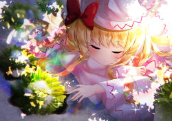 Rule 34 | 1girl, absurdres, blonde hair, blush, closed eyes, closed mouth, dress, fairy, hat, highres, lily white, long hair, long sleeves, nettian51, sleeping, snow, solo, sparkle, touhou, white dress, white hat, wide sleeves