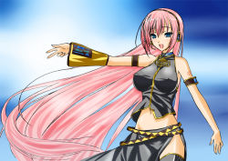 Rule 34 | 1girl, armlet, bad id, bad pixiv id, bare shoulders, belt, black shirt, black skirt, blue eyes, breasts, covered erect nipples, female focus, hair between eyes, headphones, impossible clothes, impossible shirt, large breasts, long hair, looking to the side, megurine luka, microphone, multiple belts, navel, open mouth, outstretched arm, pink hair, shirt, side slit, skirt, sleeveless, sleeveless shirt, smile, solo, suiruu (yuriusu), thighhighs, very long hair, vocaloid, wind