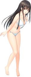 Rule 34 | 1girl, absurdres, bare arms, bare legs, bare shoulders, barefoot, bikini, black hair, breasts, brown eyes, cleavage, feet, female focus, full body, game cg, groin, hair between eyes, hand on own chest, hand up, highres, knees together feet apart, large breasts, legs, long hair, looking at viewer, nekonyan, open mouth, original, smile, solo, standing, swimsuit, thighs, toes, tonari ni kanojo no iru shiawase ~winter guest~, transparent background, white bikini, yukimura shiho