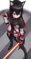Rule 34 | 1girl, animal ears, arknights, black hair, black pantyhose, commentary request, energy sword, female focus, fox ears, fox tail, from above, hair between eyes, hand on own hip, holding, holding weapon, jacket, kfr, long hair, pantyhose, shoes, shorts, sneakers, solo, standing, sword, tail, texas (arknights), weapon