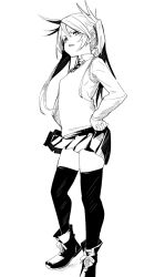 Rule 34 | 1girl, character request, copyright request, disgust, fu-ta, greyscale, hair between eyes, hand on own hip, long hair, long sleeves, looking at viewer, monochrome, necktie, parted lips, pleated skirt, shirt, shoes, simple background, skirt, solo, standing, sweater vest, thighhighs, thighs, two side up, white background, zettai ryouiki