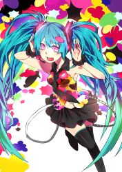 Rule 34 | 1girl, aqua hair, hatsune miku, headset, highres, long hair, necktie, nori (tiffanytsaiyyy), open mouth, pink eyes, skirt, solo, tell your world (vocaloid), thighhighs, twintails, very long hair, vocaloid