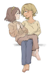 Rule 34 | 2girls, barefoot, blue pants, blush, brown hair, brown skirt, brown sweater, commentary request, dark-skinned female, dark skin, ebizuka tomo, enanbender, eye contact, full body, girls band cry, hand on another&#039;s back, hand on another&#039;s thigh, highres, long sleeves, looking at another, medium hair, multiple girls, open mouth, own hands together, pants, rupa (girls band cry), sitting, sitting on lap, sitting on person, skirt, smile, sweater, yellow eyes, yuri