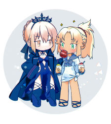 Rule 34 | 2girls, artoria pendragon (all), artoria pendragon (fate), blonde hair, blue dress, blue footwear, blue sailor collar, blush, braid, breasts, candy apple, chibi, closed mouth, commentary request, crown, dress, fate/grand order, fate (series), feeding, food, french braid, green eyes, hair bun, halterneck, hand on own hip, high heels, holding, long sleeves, mordred (fate), mordred (fate) (all), mordred (fate/apocrypha), mordred (swimsuit rider) (fate), mordred (swimsuit rider) (second ascension) (fate), multiple girls, parted bangs, pelvic curtain, ribbon, saber alter, sailor collar, sandals, shirt, short hair, single hair bun, small breasts, sparkle, standing, tan, tied shirt, twintails, yaku (ziroken), yellow eyes