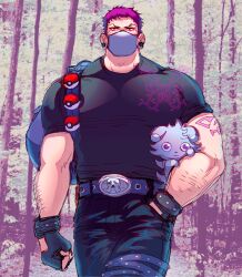 Rule 34 | 1boy, arm hair, arm tattoo, backpack, bag, bara, belt, belt buckle, black gloves, black shirt, blue bag, buckle, charlotte katakuri, cowboy shot, creatures (company), espurr, fingerless gloves, forest, game freak, gen 6 pokemon, gloves, hand in pants, highres, large pectorals, leather, leather pants, male focus, mask, mature male, mewiyev, mouth mask, muscular, muscular male, nature, nintendo, one piece, pants, pectorals, pink eyes, pink hair, plug (piercing), poke ball, pokemon, shirt, short hair, solo, tattoo, tight clothes, tight pants, tight shirt