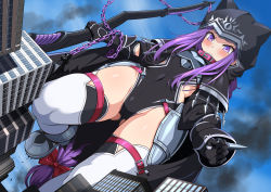 Rule 34 | 1girl, armor, black capelet, black cloak, black gloves, black leotard, boots, braid, breastplate, building, capelet, chain, city, cloak, cloud, collar, covered navel, fate/grand order, fate (series), from below, giant, giantess, gloves, gluteal fold, groin, highleg, highleg leotard, highres, hood, leg lift, leg up, leotard, long braid, long hair, looking down, low-tied long hair, medusa (fate), medusa (lancer) (fate), medusa (rider) (fate), ponytail, purple eyes, purple hair, ribbon, rider, scythe, sekai saisoku no panda, sky, solo, standing, standing on one leg, thigh strap, thighhighs, thighs, very long hair, weapon, white thighhighs