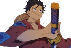 Rule 34 | 1boy, akr29, black eyes, black hair, closed mouth, facial scar, hat, hat on back, highres, holding, holding sword, holding weapon, japanese clothes, katana, kimono, looking ahead, male focus, monkey d. luffy, mouth hold, one piece, pectoral cleavage, pectorals, red kimono, scar, scar on cheek, scar on face, sheath, short hair, simple background, solo, stalk in mouth, straw hat, sword, unsheathing, upper body, weapon, white background, wind, wind lift