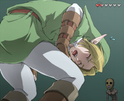 Rule 34 | 1boy, belt, blonde hair, blue eyes, blush, earrings, closed eyes, fingerless gloves, gameplay mechanics, gloves, hat, health bar, jewelry, link, male focus, nintendo, open mouth, pantyhose, piercing, pointy ears, redead, sexually suggestive, teru suzu, the legend of zelda, the legend of zelda: ocarina of time, tired, tunic
