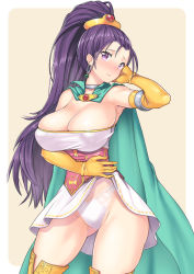Rule 34 | 1girl, arm up, armlet, armpits, bare legs, bare shoulders, blush, breasts, brown background, cape, cleavage, closed mouth, clothes lift, cosplay, dragon quest, dragon quest iii, dragon quest xi, dress, dress lift, earrings, elbow gloves, female focus, gloves, high ponytail, huge breasts, jewelry, legs, long hair, nagase haruhito, neck, neck ring, panties, ponytail, purple eyes, purple hair, sage (dq3), sage (dq3) (cosplay), senica (dq11), shy, simple background, solo, standing, strapless, strapless dress, thighs, underwear, white dress, white panties, yellow gloves