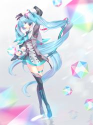 Rule 34 | 1girl, absurdly long hair, arm up, bad id, bad pixiv id, black footwear, black thighhighs, blue eyes, blue hair, boots, floating hair, full body, gloves, hatsune miku, headphones, highres, long hair, matching hair/eyes, mokona1107, necktie, open mouth, skirt, solo, thigh boots, thigh strap, thighhighs, twintails, very long hair, vocaloid