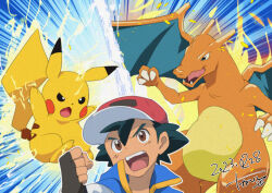 Rule 34 | 1boy, ash ketchum, black hair, blue jacket, brown eyes, brown gloves, charizard, claws, clenched hand, commentary request, creatures (company), dated, electricity, fingerless gloves, game freak, gen 1 pokemon, gloves, hand up, hat, jacket, male focus, nakaharu, nintendo, open mouth, pikachu, pokemon, pokemon (anime), pokemon (creature), pokemon journeys, red headwear, shirt, short hair, sleeveless, sleeveless jacket, teeth, tongue, upper teeth only