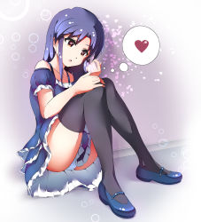 Rule 34 | 1girl, bad id, bad pixiv id, black thighhighs, blue dress, blue footwear, blue hair, brown eyes, dress, earrings, frilled dress, frills, full body, highres, idolmaster, idolmaster (classic), jewelry, kisaragi chihaya, layered dress, loafers, long hair, ns.x, open mouth, panties, pantyshot, ring, shoes, short dress, sidelocks, sitting, solo, thighhighs, thought bubble, underwear, wedding ring, white panties