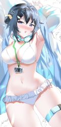Rule 34 | 1girl, :o, ahoge, arknights, armpits, bikini, black hair, blush, breasts, cleavage, duplicate, frills, goggles, goggles around neck, hair ornament, highres, id card, jacket, la pluma (arknights), la pluma (summer flowers) (arknights), lanyard, large breasts, long sleeves, looking at viewer, navel, official alternate costume, open clothes, open jacket, pixel-perfect duplicate, shiben (ugvu5784), short hair, solo, stomach, swimsuit, thigh strap, water, white bikini