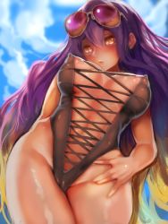 Rule 34 | 1girl, areola slip, aviator sunglasses, axe r18, blush, breasts, brown hair, cameltoe, cleavage, cleft of venus, covered erect nipples, cross-laced clothes, eyewear on head, gradient hair, highres, hijiri byakuren, large breasts, long hair, looking at viewer, multicolored hair, one-piece swimsuit, purple hair, see-through, solo, sunglasses, sunglasses on head, swimsuit, thighs, touhou, two-tone hair, wavy hair