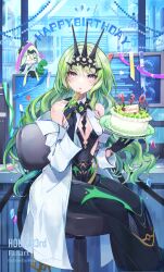 Rule 34 | 2girls, black dress, black gloves, breasts, cake, chair, character name, commentary request, dress, feet out of frame, food, fork, gloves, green hair, hair between eyes, happy birthday, highres, holding, holding fork, holding plate, honkai (series), honkai impact 3rd, indoors, klein (honkai impact), lab coat, long hair, long sleeves, mobius (honkai impact), monitor, multiple girls, muri (pan&#039;ichi murimuri geinin), office chair, on chair, open clothes, plate, red eyes, sitting, small breasts, swivel chair, twitter username, very long hair