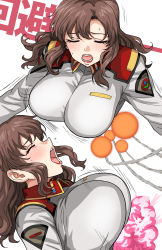 Rule 34 | 1girl, :d, blush, bouncing breasts, breasts, brown hair, captain uniform, closed eyes, explosion, floating hair, gundam, gundam seed, highres, jacket, large breasts, leaning back, long hair, long sleeves, military, military uniform, missile, moaning, multiple views, murrue ramius, open mouth, serious, simple background, smile, smoke, sweat, teeth, tsurui, uniform, upper body, white background, white jacket