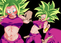 Rule 34 | 1girl, bar censor, big hair, black background, blush, breasts, breasts apart, cameltoe, censored, clenched teeth, clitoris, covered erect nipples, dragon ball, dragon ball super, earrings, erect clitoris, green eyes, green hair, groin, hands up, highres, hip focus, jewelry, kefla (dragon ball), large breasts, legs, multiple views, navel, nipple stimulation, nipple tweak, open mouth, pussy, rom (20), simple background, sleeveless, solo focus, spiked hair, standing, teeth, thighs, toned