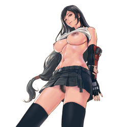 Rule 34 | 1girl, bare shoulders, belt, black gloves, black hair, black thighhighs, breasts, clothes lift, dark nipples, elbow gloves, female pubic hair, final fantasy, final fantasy vii, fingerless gloves, from below, gloves, highres, long hair, looking at viewer, navel, nipples, no panties, pubic hair, red eyes, resolution mismatch, shirt lift, simple background, skirt, smile, solo, source larger, swept bangs, tank top, thighhighs, tifa lockhart, very long hair, white background, zjl baiqishi