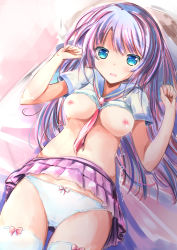 Rule 34 | 1girl, blue bra, blue eyes, blue hair, blue sailor collar, bow, bow panties, bra, bra lift, breasts, clothes lift, dutch angle, functionally nude, hands up, highres, long hair, looking at viewer, medium breasts, neckerchief, nipples, open mouth, original, panties, pink hair, pink skirt, pleated skirt, red neckerchief, sailor collar, shihou haru, shirt, shirt lift, short sleeves, skirt, skirt lift, solo, teeth, thighhighs, underwear, upper teeth only, very long hair, white panties, white shirt, white thighhighs