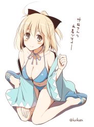Rule 34 | 1girl, :&gt;, ahoge, bare shoulders, bikini, black bow, blue bikini, blue jacket, blush, bow, breasts, brown eyes, cleavage, closed mouth, collarbone, fate/grand order, fate (series), full body, hair bow, half updo, jacket, jacket off shoulders, koha-ace, kurikara, large breasts, legs together, long sleeves, no legwear, off shoulder, okita souji (fate), okita souji (koha-ace), open clothes, open jacket, ponytail, sandals, shinsengumi, short hair, simple background, sitting, smile, solo, spread legs, swimsuit, tareme, text focus, thigh gap, thighs, toes, translated, wariza, white background, wide sleeves