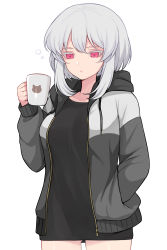 Rule 34 | 1girl, absurdres, banned artist, black jacket, black shirt, breasts, closed mouth, colored eyelashes, cowboy shot, cup, drawstring, gluteal fold, grey hair, hair between eyes, hand in pocket, hand up, highres, holding, holding cup, hood, hood down, hooded jacket, jacket, long sleeves, medium breasts, mug, open clothes, open jacket, original, puffy long sleeves, puffy sleeves, red eyes, shimizu akina, shirt, simple background, solo, white background