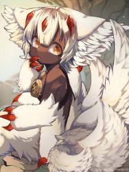 Rule 34 | 1girl, animal ears, claws, commentary request, dark-skinned female, dark skin, extra arms, faputa, fewer digits, furry, furry female, hair between eyes, highres, izayoiramiamia, looking at viewer, made in abyss, monster girl, multiple tails, short hair, simple background, solo, tail, very dark skin, white fur, white hair, yellow eyes