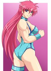 Rule 34 | 1girl, ass, back, breasts, choker, cleavage, leotard, long hair, looking back, mighty yukiko, pink hair, purple eyes, solo, taroimo (00120014), wrestle angels, wrestle angels survivor, wrestling outfit, wristband