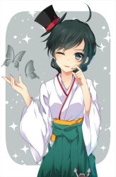 Rule 34 | 10s, 1girl, ahoge, black hair, blush, bug, butterfly, green eyes, hakama, hakama skirt, hands up, hat, hikobae, insect, japanese clothes, kantai collection, long sleeves, looking at viewer, matsukaze (kancolle), meiji schoolgirl uniform, mini hat, mini top hat, one eye closed, parted lips, skirt, solo, sparkle background, swept bangs, top hat, wide sleeves