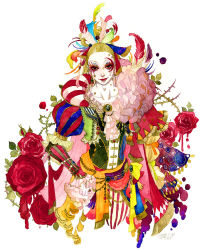 Rule 34 | 1990s (style), 1boy, bad id, bad pixiv id, blonde hair, cefca palazzo, clown, colorful, facepaint, feathers, final fantasy, final fantasy vi, flower, male focus, rose, sakizou, solo, traditional media, white background
