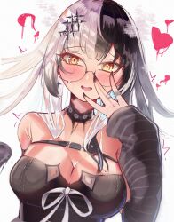 Rule 34 | 1girl, ?, arm warmers, black choker, black dress, black hair, black nails, blunt bangs, blush, bow, breasts, chest belt, choker, cleavage, dress, glasses, grey hair, hair ornament, heart, highres, hololive, hololive english, jewelry, lace, lace-trimmed choker, lace choker, lace trim, large breasts, long hair, looking at viewer, multicolored hair, multiple rings, nail polish, off-shoulder dress, off shoulder, ring, shiori novella, shiori novella (1st costume), sleeveless, smile, solo, split-color hair, striped arm warmers, sweat, trashcan223, trembling, two-tone hair, virtual youtuber, white bow, white hair, yellow eyes