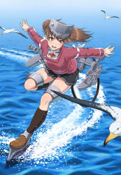 Rule 34 | 10s, 1girl, black socks, blush, brown eyes, brown hair, day, full body, hat, highres, japanese clothes, kantai collection, kneehighs, long hair, long sleeves, magatama, nigou, ocean, open mouth, outdoors, outstretched arms, ryuujou (kancolle), skirt, smile, socks, solo, spread arms, twintails, visor cap, walking, walking on liquid, water