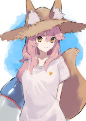 Rule 34 | 1girl, animal ear fluff, animal ears, bad id, bad pixiv id, brown hat, fate/grand order, fate (series), fox ears, fox tail, hair between eyes, hat, highres, innertube, kaerude123, long hair, looking at viewer, orange eyes, pink hair, shirt, short sleeves, sketch, smile, solo, straw hat, sun hat, swim ring, tail, tamamo (fate), tamamo no mae (fate/extra), tamamo no mae (swimsuit lancer) (fate), tamamo no mae (swimsuit lancer) (first ascension) (fate), upper body, white shirt