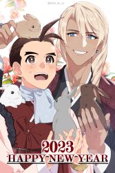 Rule 34 | 2023, 2boys, ace attorney, alternate costume, animal, animal on head, animal on shoulder, apollo justice, apollo justice: ace attorney, blonde hair, blue eyes, blush, brown hair, chinese zodiac, earrings, happy new year, highres, holding, holding animal, japanese clothes, jewelry, kimono, klavier gavin, long hair, long sleeves, looking at another, looking up, male focus, multiple boys, nam eh co, new year, on head, open mouth, rabbit, ring, short hair, single earring, upper body, year of the rabbit