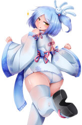 Rule 34 | 1girl, :q, black footwear, blue hair, blue kimono, blue panties, blue theme, closed mouth, commentary request, detached sleeves, hair ornament, japanese clothes, kimono, leg up, looking at viewer, looking back, mtd (matidappp), one side up, original, panties, pantyshot, sash, short hair, simple background, smile, snowflake print, solo, thighs, tongue, tongue out, underwear, white background, wide sleeves, yellow eyes, yuki onna