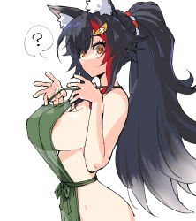 ? animal_ear_fluff animal_ears apron areola_slip bad_link black_hair breasts henriiku_(ahemaru) highres hololive large_breasts looking_at_viewer multicolored_hair naked_apron ookami_mio ponytail red_hair sideboob simple_background streaked_hair virtual_youtuber white_background wolf wolf_ears wolf_girl yellow_eyes