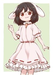 Rule 34 | 1girl, animal ears, black hair, blush, border, carrot necklace, commentary request, dress, feet out of frame, green background, hand up, inaba tewi, jewelry, looking at viewer, necklace, ok sign, outline, outside border, parted lips, petticoat, pink dress, poronegi, puffy short sleeves, puffy sleeves, rabbit ears, red eyes, ribbon-trimmed dress, ribbon trim, short hair, short sleeves, simple background, smile, solo, standing, touhou, white border, white outline