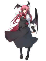 Rule 34 | 1girl, bad id, bad pixiv id, bat wings, book, bow, bowtie, embodiment of scarlet devil, female focus, full body, hand in own hair, head wings, kasa (hitori sanka), koakuma, long hair, pantyhose, pointy ears, red eyes, red hair, simple background, smile, solo, standing, touhou, white background, wings