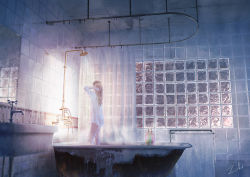 Rule 34 | 1girl, arms up, bathroom, bathtub, brown hair, facing away, faucet, from side, indoors, light, long hair, mirror, no pants, original, reflection, rust, see-through, shirt, shower curtain, shower head, showering, signature, sink, sleeves past elbows, soap bottle, solo, standing, steam, tamaki (tamaki illust), tile wall, tiles, towel, wet, wet clothes, wet shirt, white shirt, window