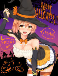 Rule 34 | 1girl, absurdres, airi (satosi), bare shoulders, bat (animal), bent over, blush, bracelet, breasts, bridal gauntlets, cape, cleavage, corset, crescent moon, dress, earrings, frilled dress, frills, halloween, halloween costume, happy halloween, hat, highres, jack-o&#039;-lantern, jewelry, large breasts, moon, nose blush, orange hair, original, satosi, short hair, solo, star (symbol), strapless, strapless dress, striped clothes, striped thighhighs, stud earrings, thighhighs, trick or treat, witch hat, yellow eyes, zettai ryouiki