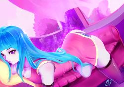 Rule 34 | 1girl, artist name, ass, bikini, bikini under clothes, blue hair, blunt bangs, blush, body blush, breast press, breasts, cleavage, collarbone, couch, curtains, detached sleeves, dress, dutch angle, edwardjsus, eyebrows, floral print, highres, light smile, lips, long hair, long sleeves, lying, me!me!me!, meme (me!me!me!), nail polish, no pants, on couch, on stomach, open window, panties, pillow, pink dress, pink eyes, pink nails, pink theme, pink upholstery, sidelocks, signature, sleeveless, sleeveless dress, solo, striped bikini, striped clothes, striped panties, swimsuit, teeth, thick eyebrows, thighs, underwear, very long hair, wind, window