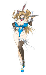 Rule 34 | 1girl, ahoge, animal ears, aoi nagisa (metalder), between breasts, black thighhighs, blonde hair, blue eyes, blush, breasts, cleavage, clothing cutout, cup, detached collar, drinking glass, elbow gloves, fake animal ears, full body, gloves, hair ornament, heart cutout, highleg, highleg leotard, highres, huge breasts, leotard, long hair, looking at viewer, navel, navel cutout, necktie, necktie between breasts, nose blush, onizaki kirara, parted lips, partially fingerless gloves, playboy bunny, rabbit ears, single thighhigh, solo, strapless, strapless leotard, taimanin (series), taimanin rpgx, thighhighs, two side up, very long hair, wine glass, wrist cuffs